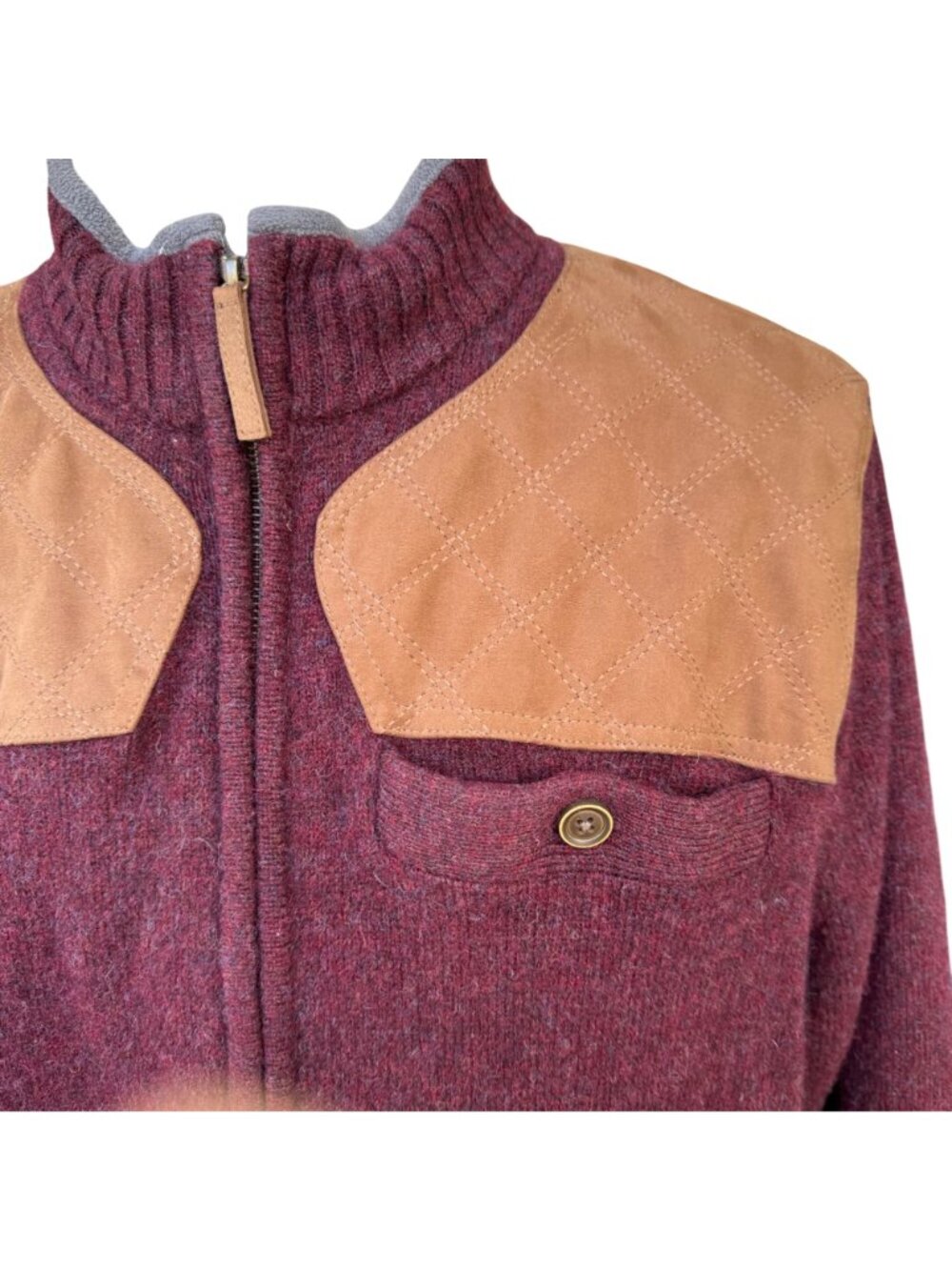 Duluth Trading Mens Shetland Wool Blend Zip-Up Jacket Burgundy 2XL Suede Accents - Picture 9 of 15